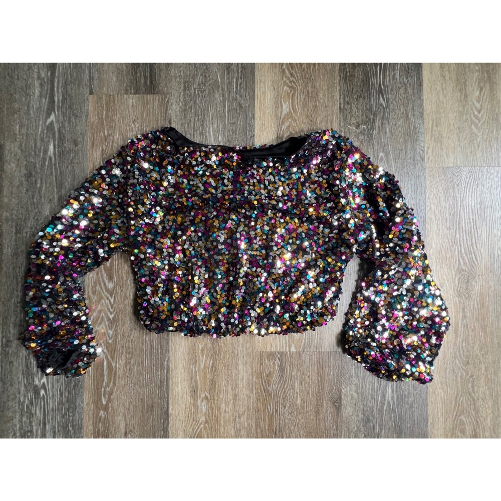 Sequin Crop Top Womens Size M Multicolor Long Sleeve Boat Neck‎ T220036